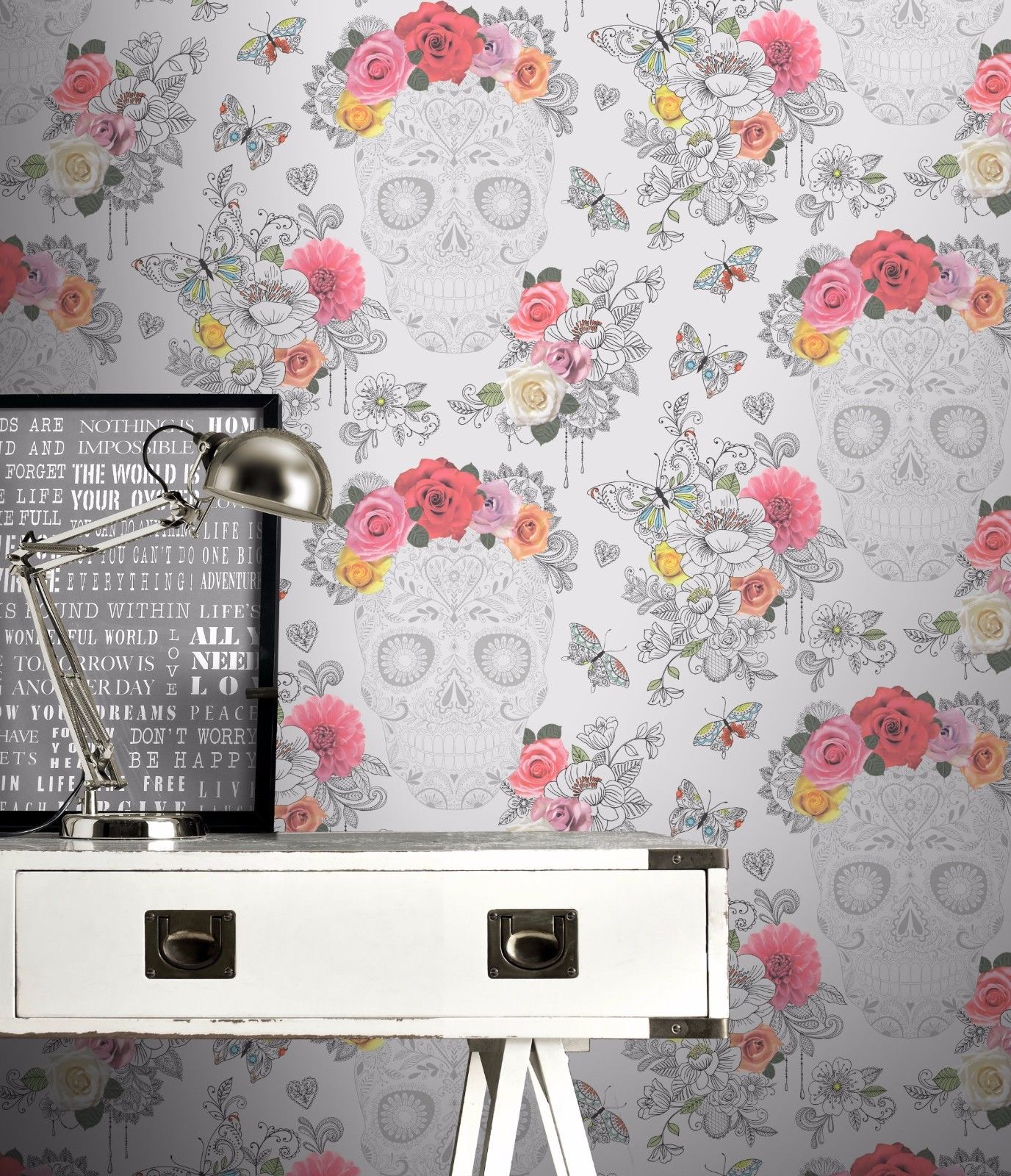 Skull Wallpaper Gothic Dark Black Silver Goth Cool Black Feature Wall